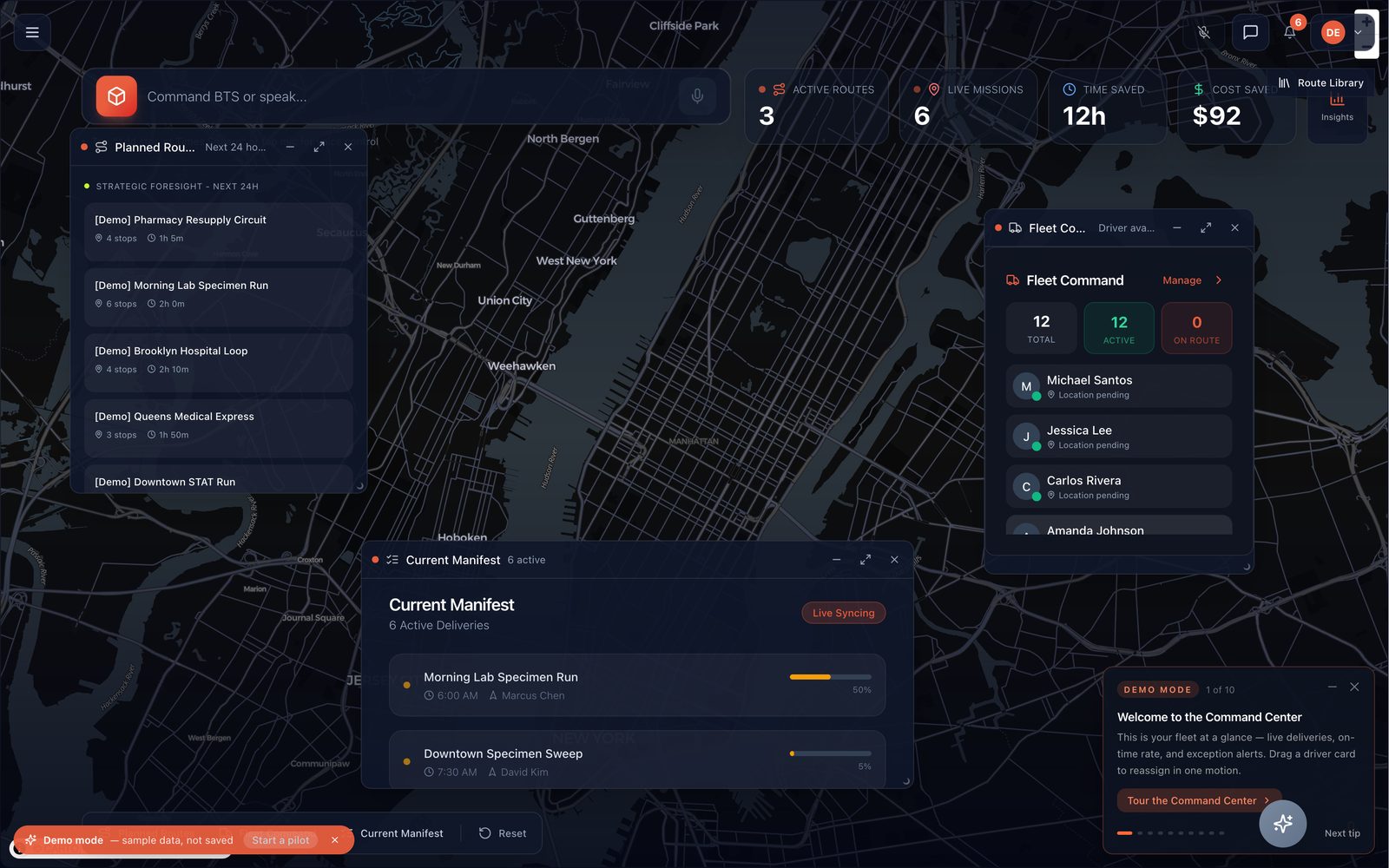 Box Truck Sprinter Command Center demonstration showing planned routes, fleet state and active delivery manifests.