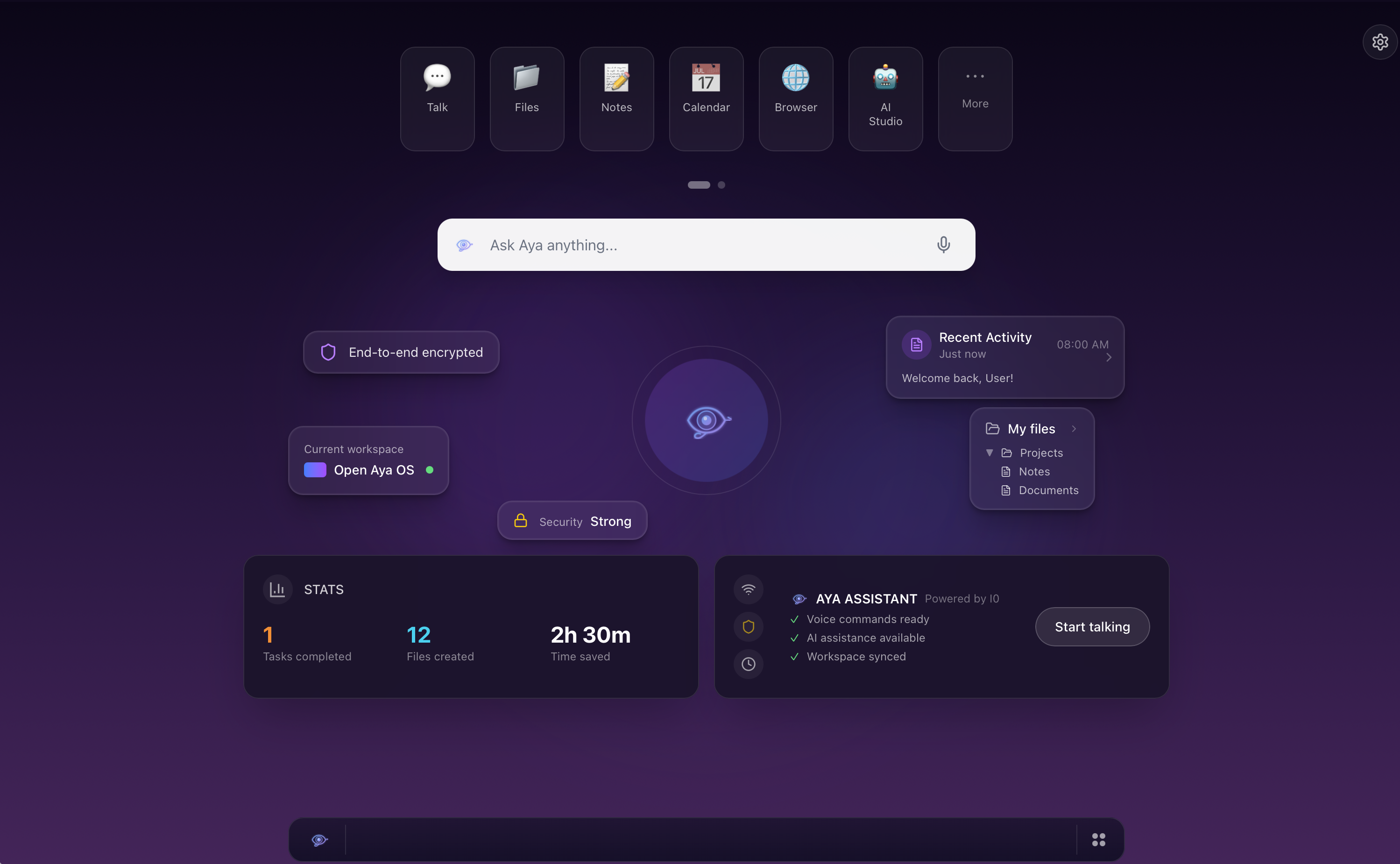 OpenAya cloud workspace dashboard with unified home screen