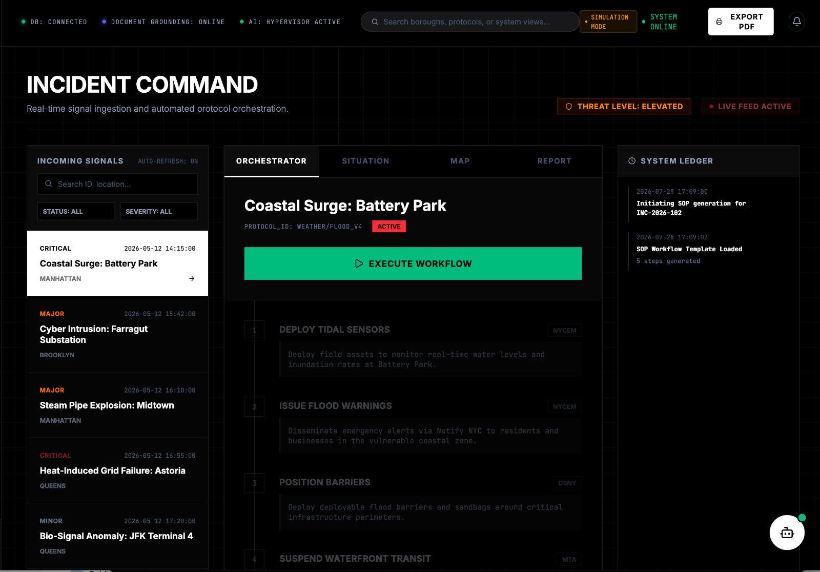 PRODIGY incident command view reconciling incoming signals into ranked incidents with a responsible owner on each step.